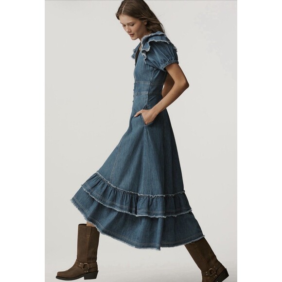 Anthropologie Pilcro Midi Shirt Dress Ruffled Cotton Retro Preppy Size XS NWT - Picture 3 of 15